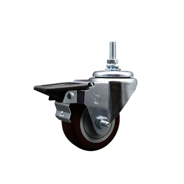 Service Caster 3 Inch Maroon Polyurethane 38 Inch Threaded Stem Caster with Brake SCC-TS20S314-PPUB-MRN-PLB-381615